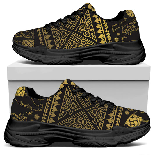 Ethnic Thai Elephant Pattern Print Black Chunky Shoes