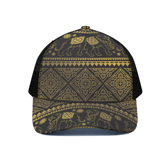 Ethnic Thai Elephant Pattern Print Black Mesh Trucker Cap