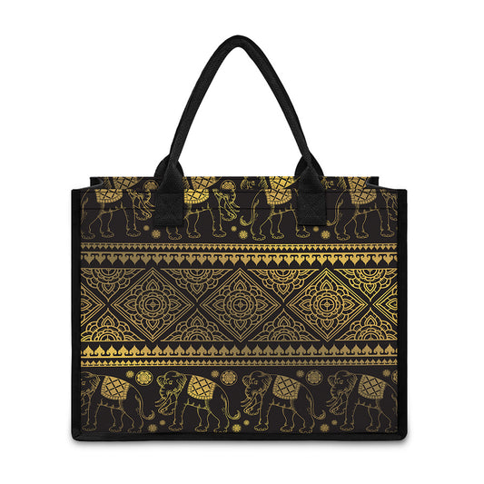 Ethnic Thai Elephant Pattern Print Canvas Tote Bag