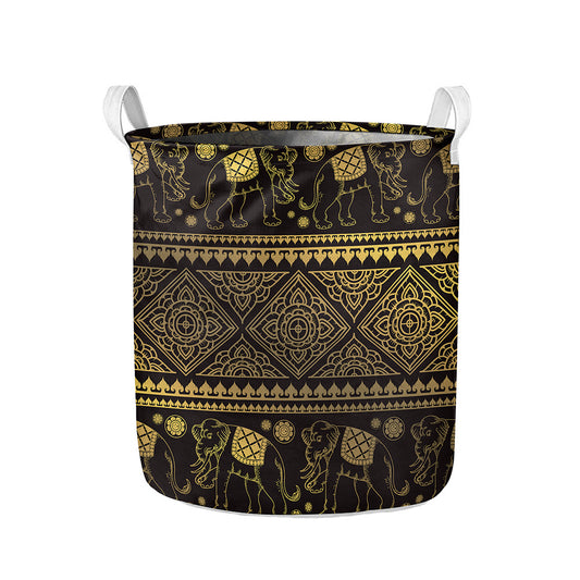 Ethnic Thai Elephant Pattern Print Collapsible Laundry Basket