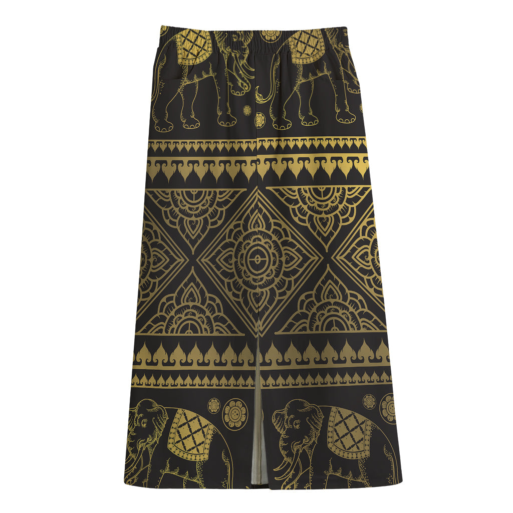 Ethnic Thai Elephant Pattern Print Cotton Front Slit Maxi Skirt