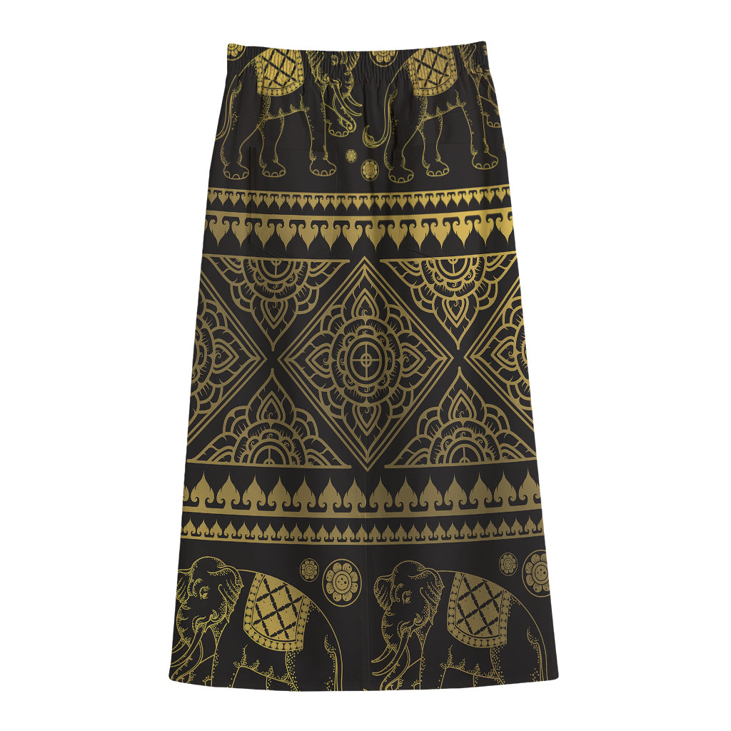 Ethnic Thai Elephant Pattern Print Cotton Front Slit Maxi Skirt