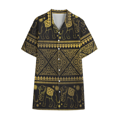Ethnic Thai Elephant Pattern Print Cotton Hawaiian Shirt