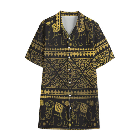 Ethnic Thai Elephant Pattern Print Cotton Hawaiian Shirt