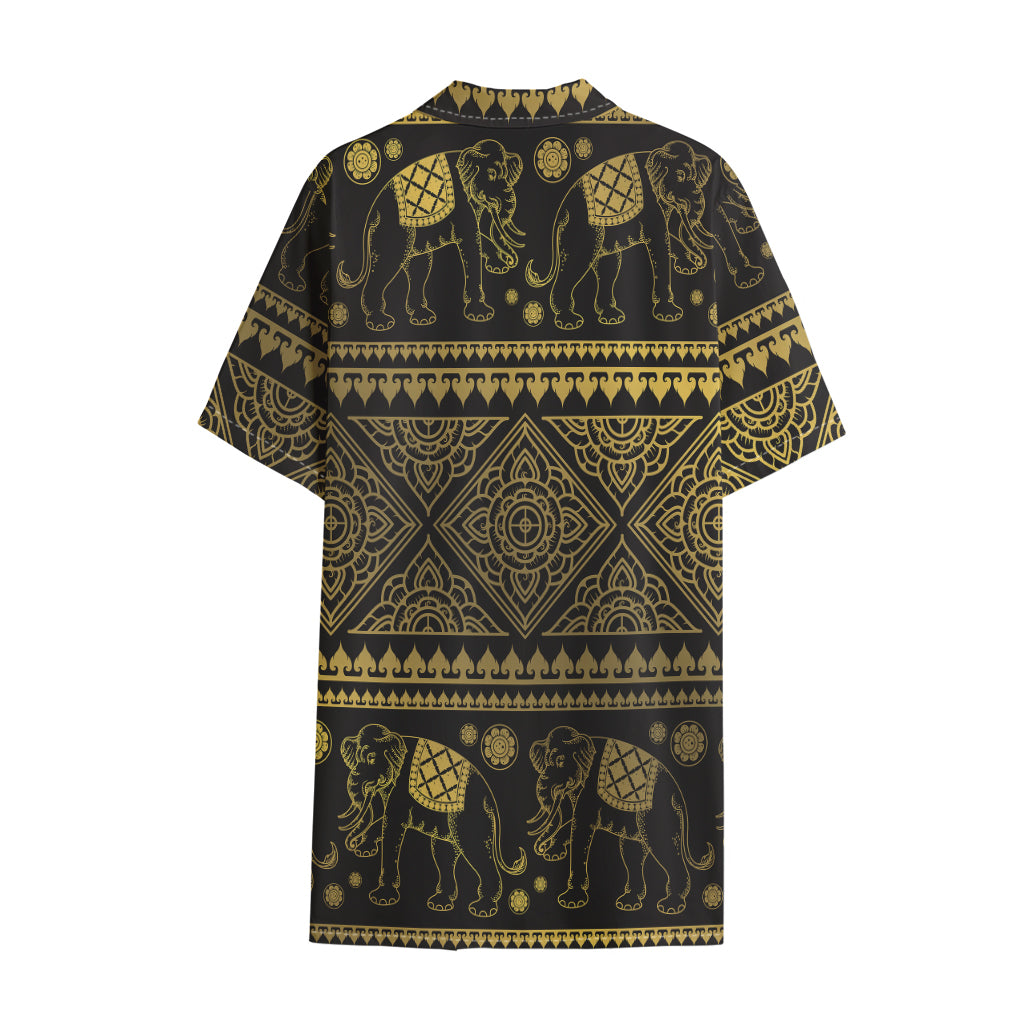 Ethnic Thai Elephant Pattern Print Cotton Hawaiian Shirt
