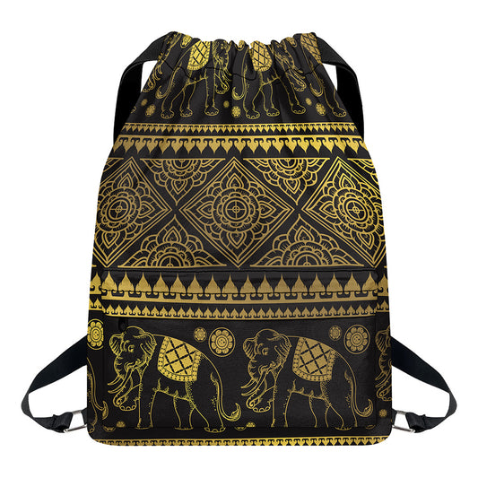 Ethnic Thai Elephant Pattern Print Drawstring Backpack