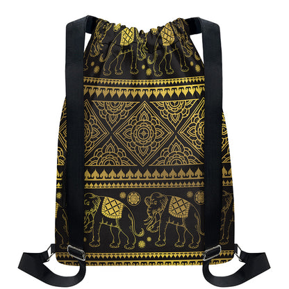 Ethnic Thai Elephant Pattern Print Drawstring Backpack