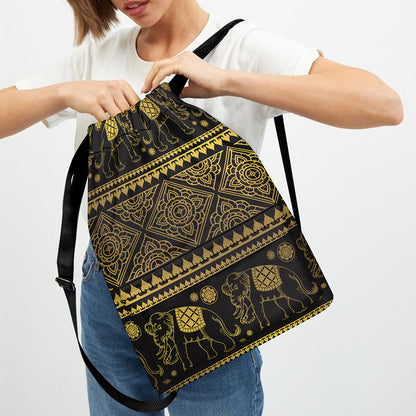 Ethnic Thai Elephant Pattern Print Drawstring Backpack