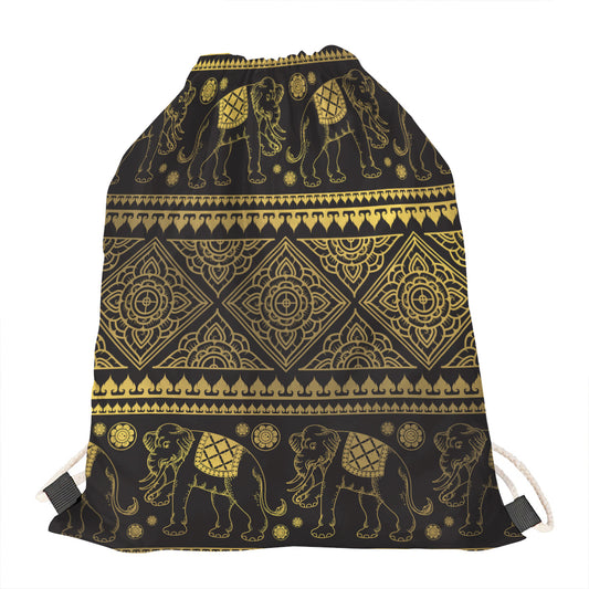 Ethnic Thai Elephant Pattern Print Drawstring Bag