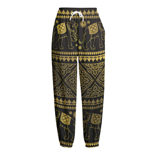 Ethnic Thai Elephant Pattern Print Fleece Lined Knit Pants