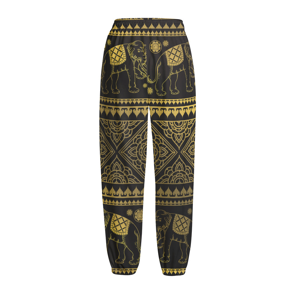 Ethnic Thai Elephant Pattern Print Fleece Lined Knit Pants