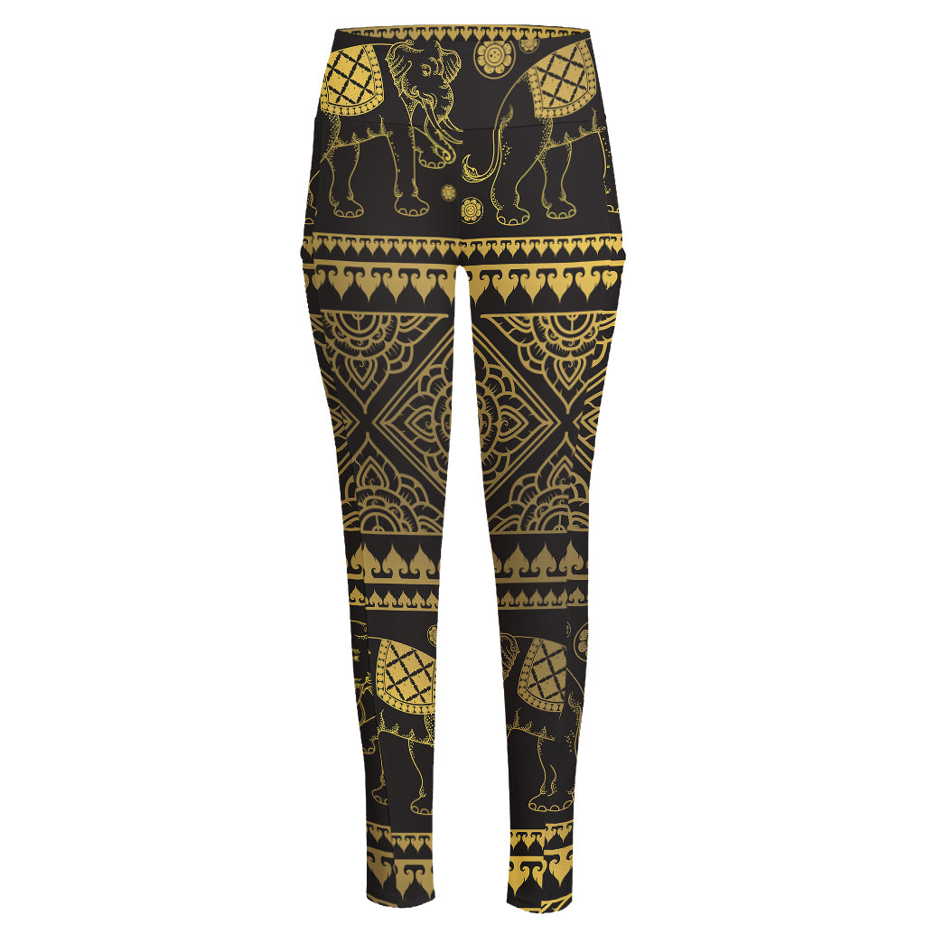 Ethnic Thai Elephant Pattern Print High-Waisted Pocket Leggings