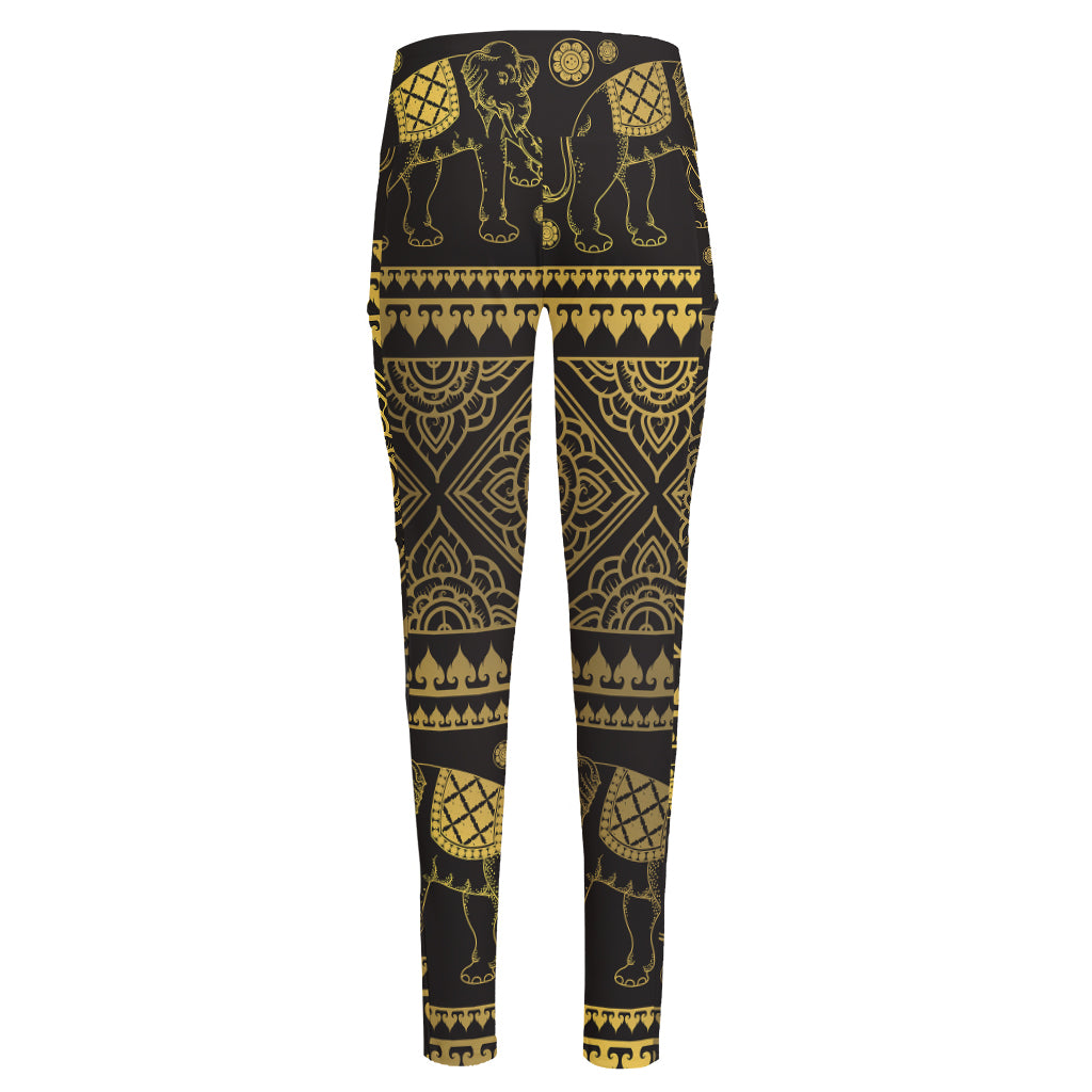 Ethnic Thai Elephant Pattern Print High-Waisted Pocket Leggings