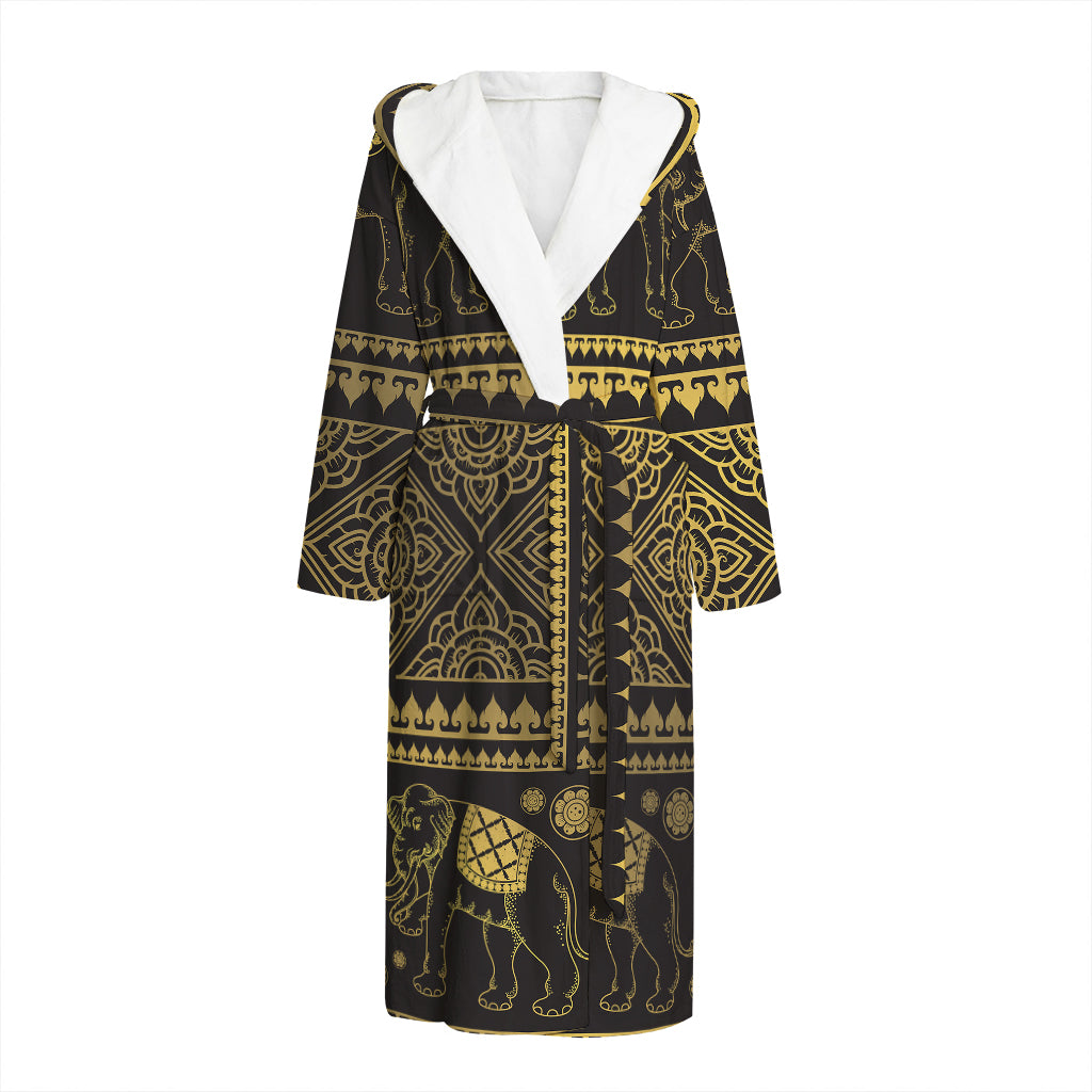 Ethnic Thai Elephant Pattern Print Hooded Bathrobe