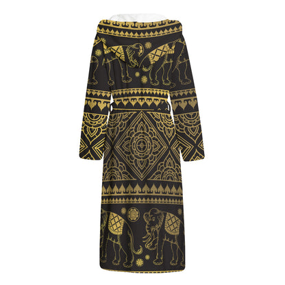 Ethnic Thai Elephant Pattern Print Hooded Bathrobe