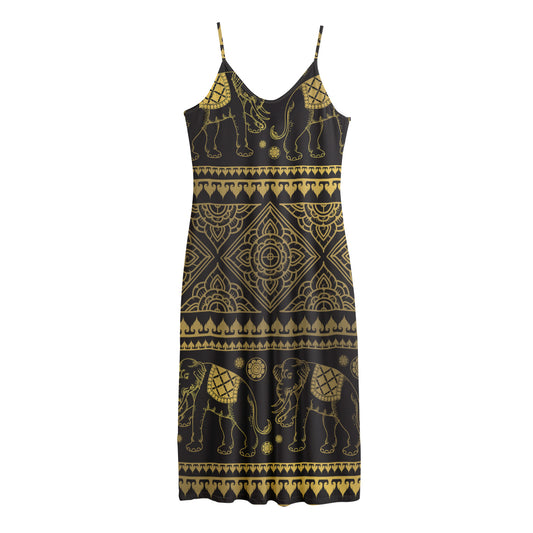 Ethnic Thai Elephant Pattern Print Jersey Midi Cami Dress