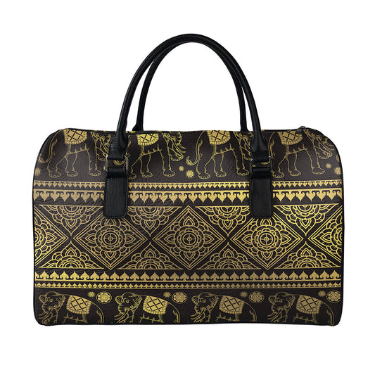 Ethnic Thai Elephant Pattern Print Leather Duffle Bag