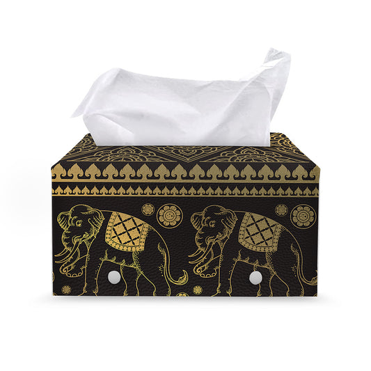 Ethnic Thai Elephant Pattern Print Leather Tissue Box Cover
