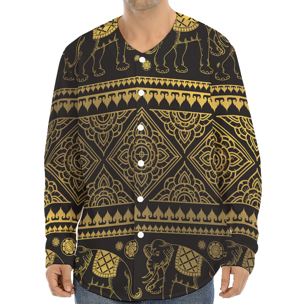 Ethnic Thai Elephant Pattern Print Long Sleeve Baseball Jersey