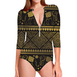 Ethnic Thai Elephant Pattern Print Long Sleeve Swimsuit