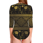 Ethnic Thai Elephant Pattern Print Long Sleeve Swimsuit