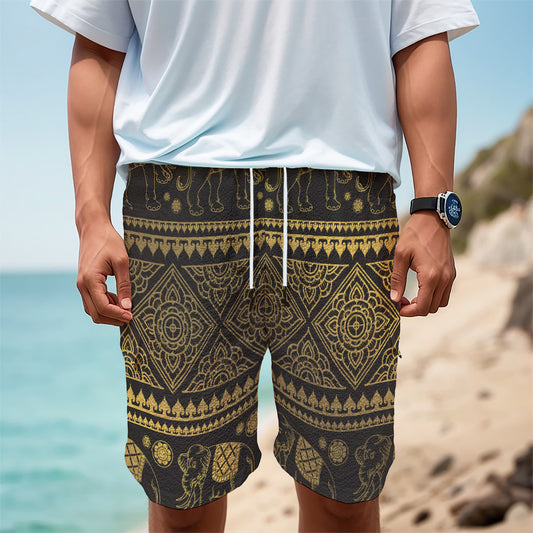 Ethnic Thai Elephant Pattern Print Men's Cargo Shorts