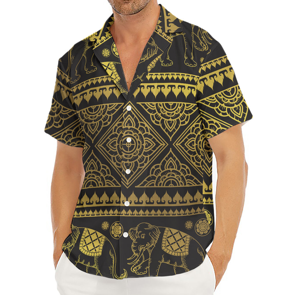 Ethnic Thai Elephant Pattern Print Men's Deep V-Neck Shirt