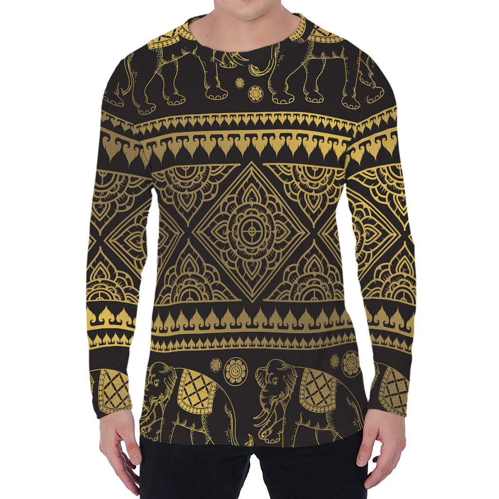 Ethnic Thai Elephant Pattern Print Men's Long Sleeve T-Shirt