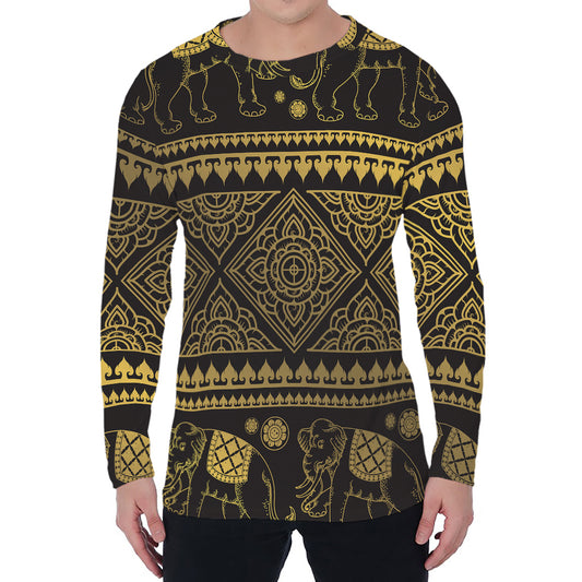 Ethnic Thai Elephant Pattern Print Men's Long Sleeve T-Shirt