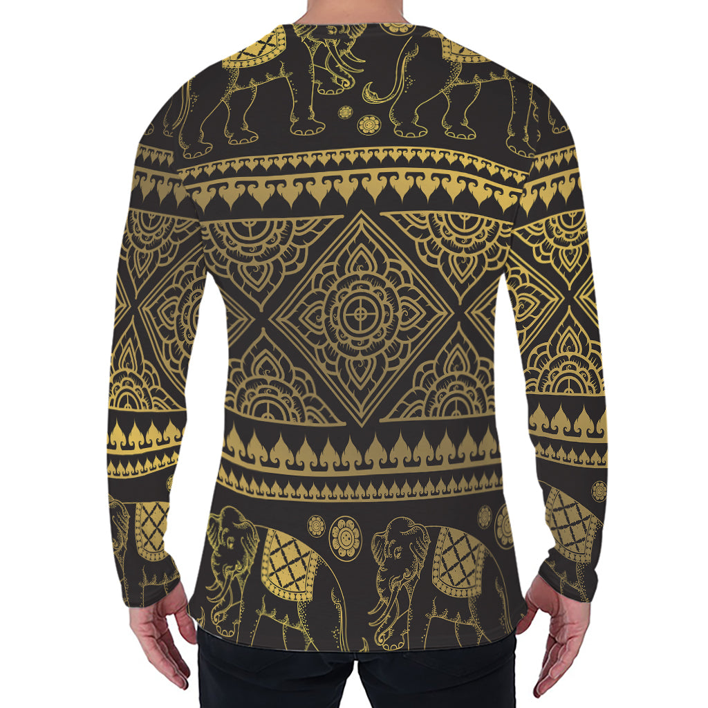 Ethnic Thai Elephant Pattern Print Men's Long Sleeve T-Shirt