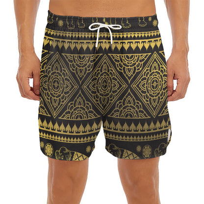 Ethnic Thai Elephant Pattern Print Men's Split Running Shorts