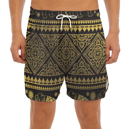 Ethnic Thai Elephant Pattern Print Men's Split Running Shorts