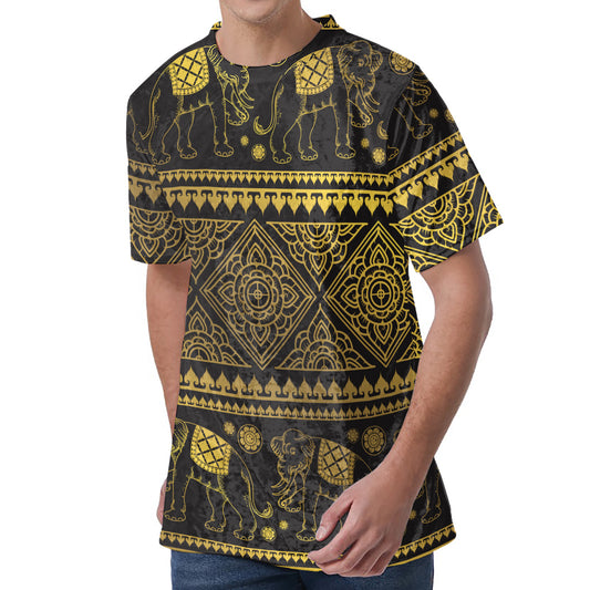 Ethnic Thai Elephant Pattern Print Men's Velvet T-Shirt