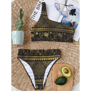 Ethnic Thai Elephant Pattern Print One Shoulder Bikini Top