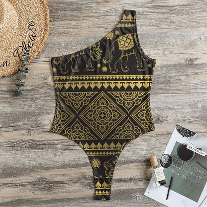 Ethnic Thai Elephant Pattern Print One Shoulder Bodysuit