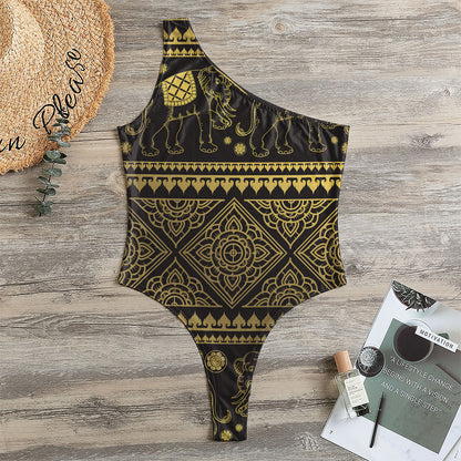 Ethnic Thai Elephant Pattern Print One Shoulder Bodysuit