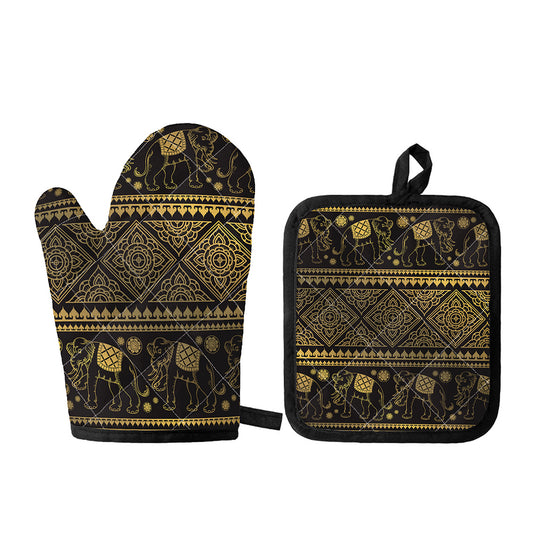 Ethnic Thai Elephant Pattern Print Oven Mitt And Pot Holder Set