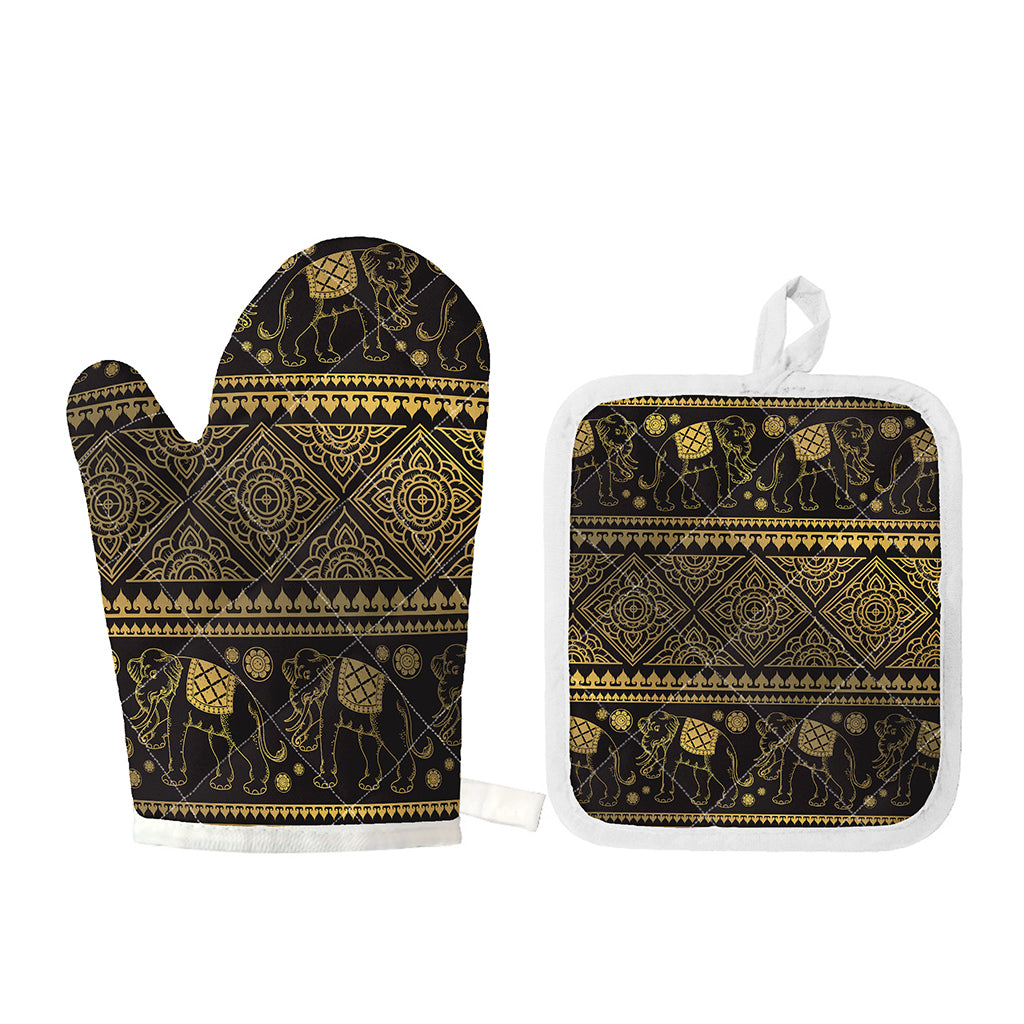 Ethnic Thai Elephant Pattern Print Oven Mitt And Pot Holder Set
