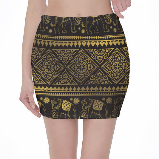Ethnic Thai Elephant Pattern Print Pencil Mini Skirt