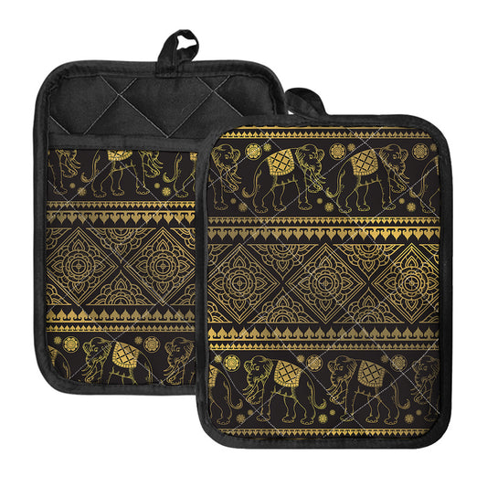 Ethnic Thai Elephant Pattern Print Pot Holders With Pocket