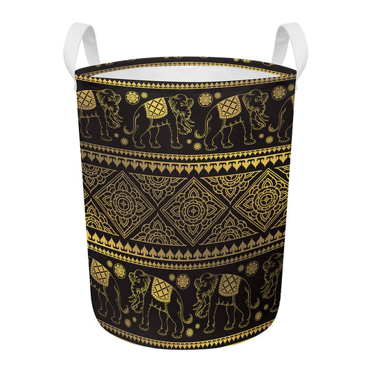 Ethnic Thai Elephant Pattern Print Round Laundry Basket