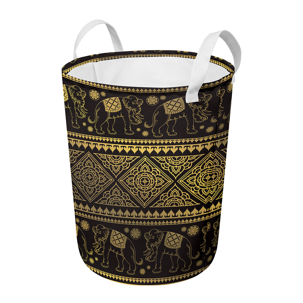 Ethnic Thai Elephant Pattern Print Round Laundry Basket