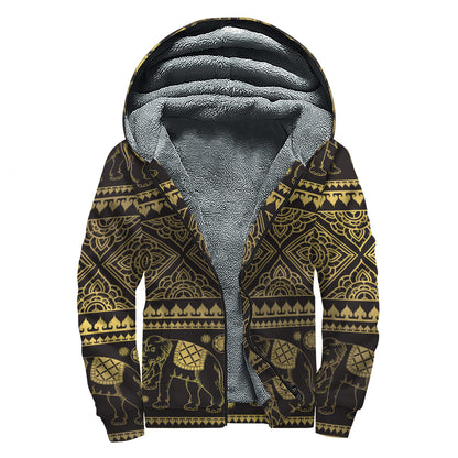 Ethnic Thai Elephant Pattern Print Sherpa Lined Zip Up Hoodie