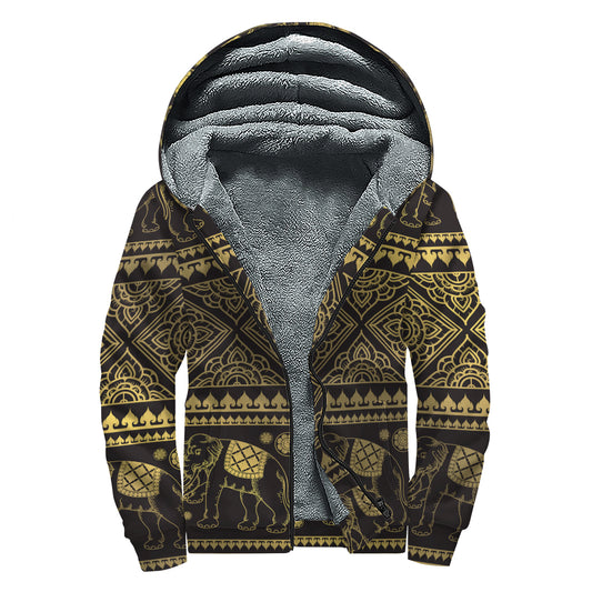 Ethnic Thai Elephant Pattern Print Sherpa Lined Zip Up Hoodie
