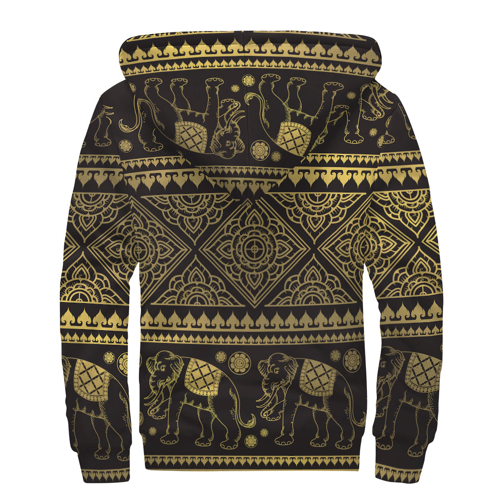 Ethnic Thai Elephant Pattern Print Sherpa Lined Zip Up Hoodie