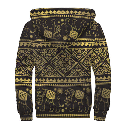 Ethnic Thai Elephant Pattern Print Sherpa Lined Zip Up Hoodie