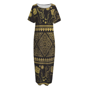 Ethnic Thai Elephant Pattern Print Short Sleeve Long Nightdress