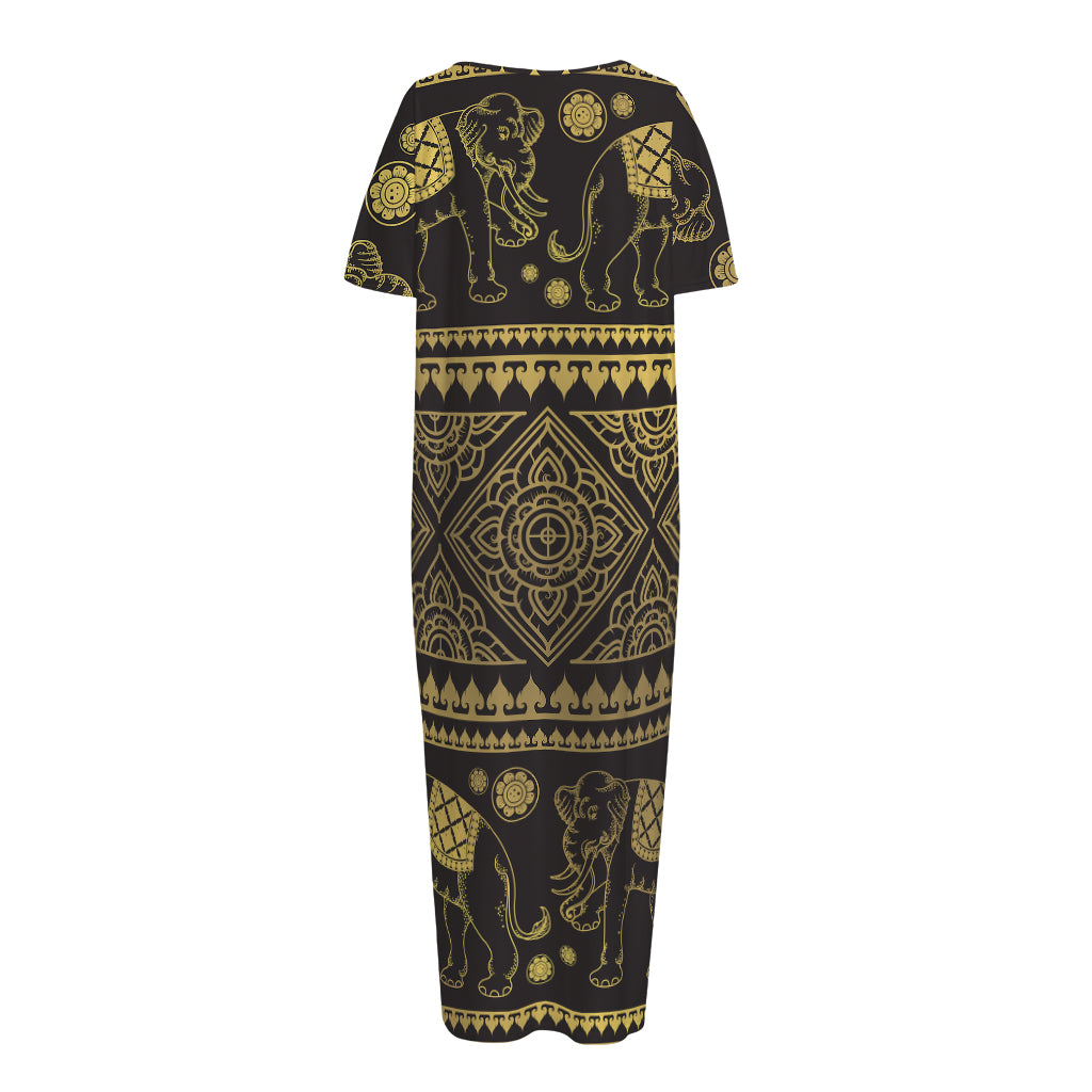 Ethnic Thai Elephant Pattern Print Short Sleeve Long Nightdress