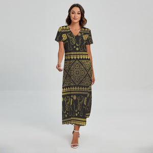 Ethnic Thai Elephant Pattern Print Short Sleeve Maxi Dress