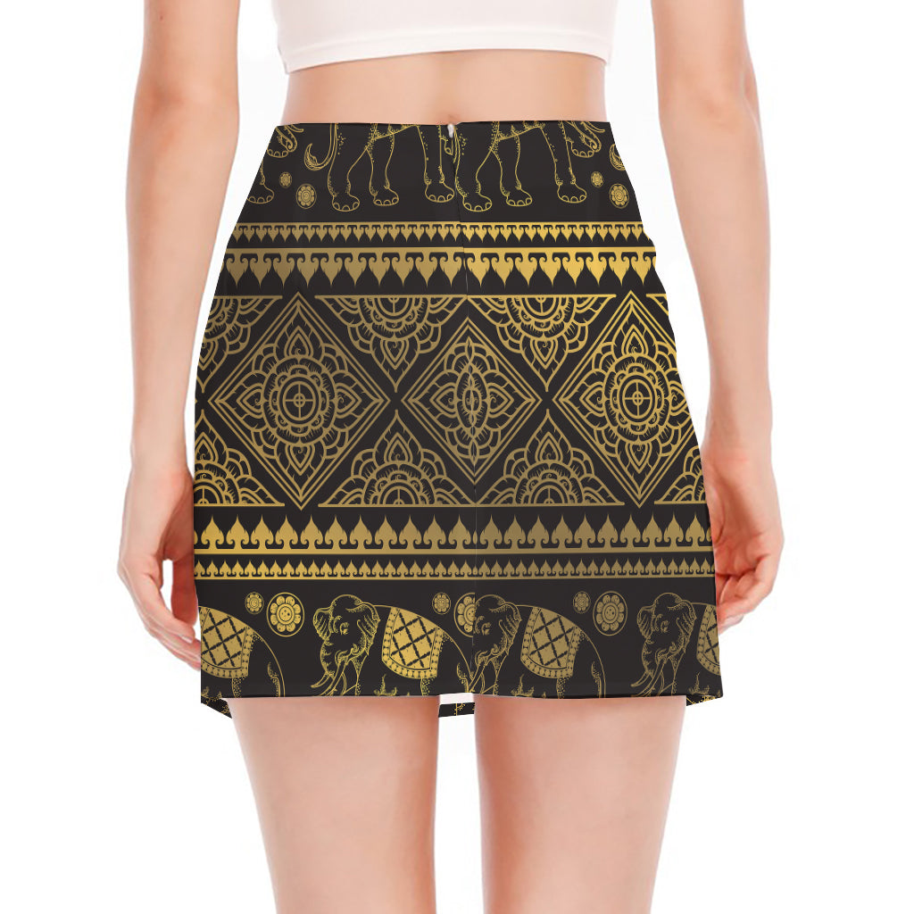 Ethnic Thai Elephant Pattern Print Side Slit Mini Skirt